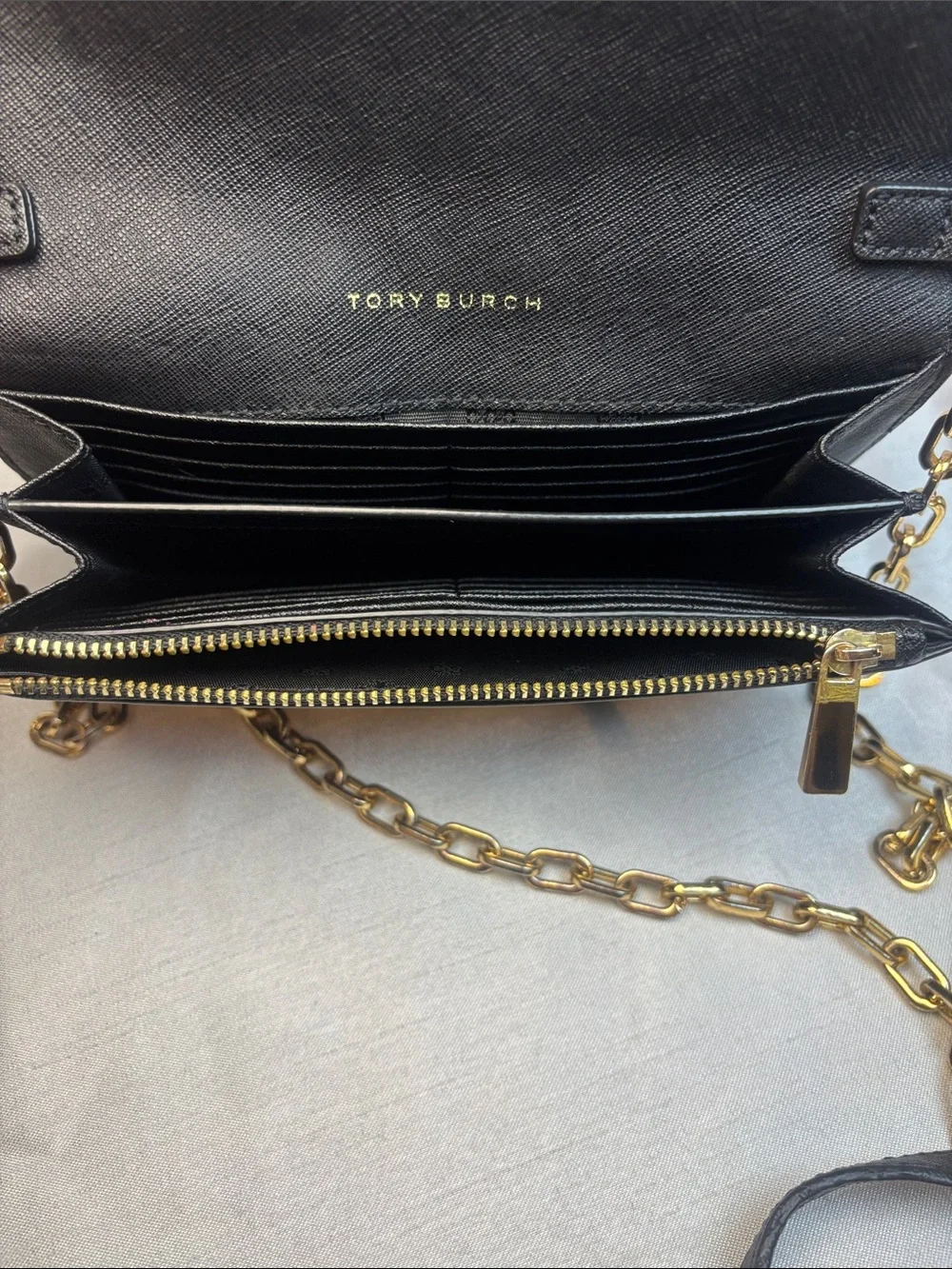 Tory Burch Black Saffiano Leather Crossbody with Gold Chain Strap